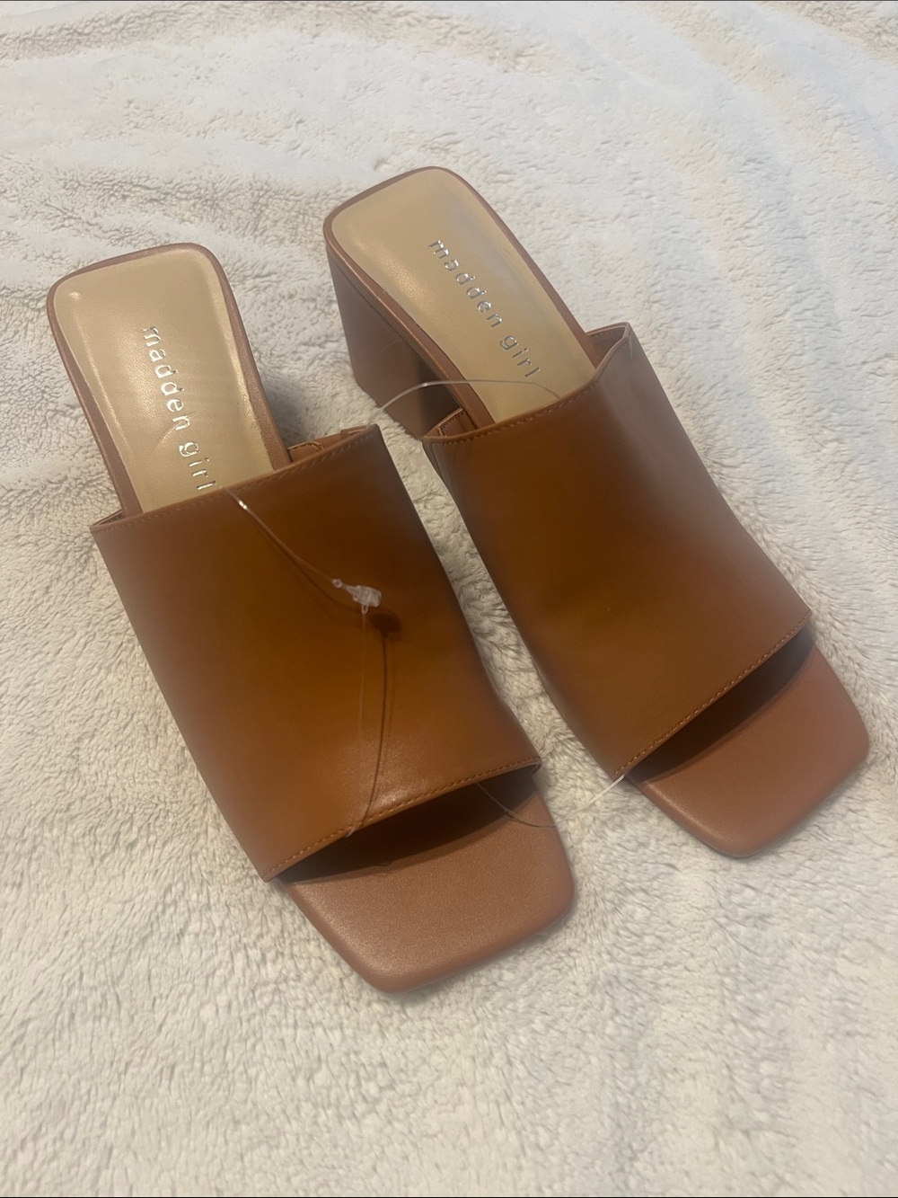 Madden Girl Tan Cognac Block Heel Slide Mules